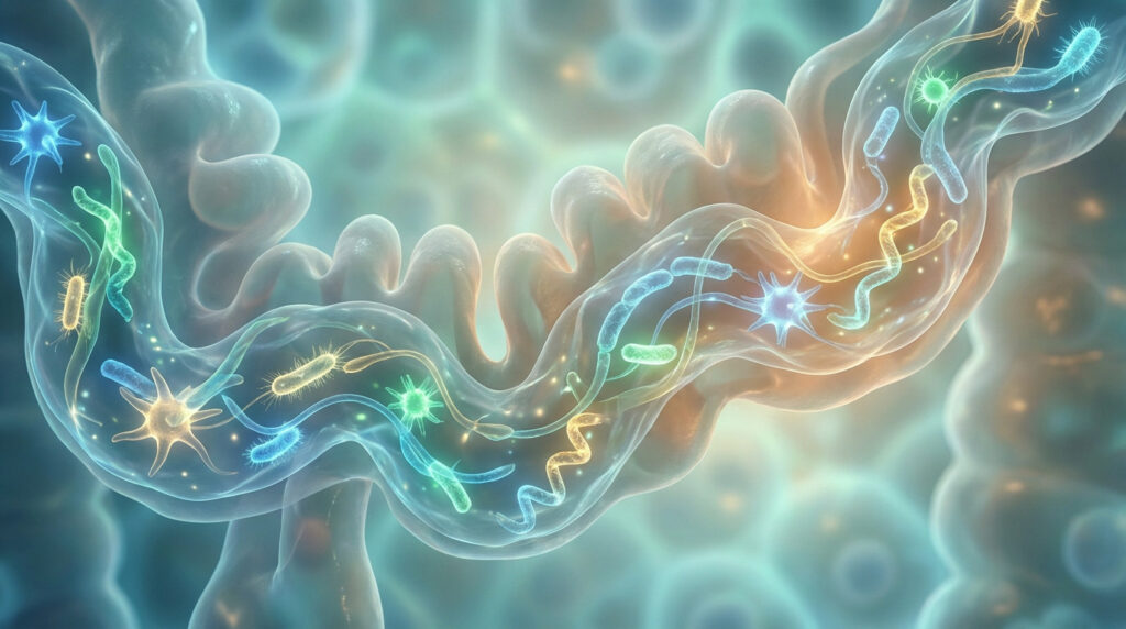 Vibrant, glowing probiotic microorganisms in blues, greens, and amber flowing within a healthy, organic intestinal tract.