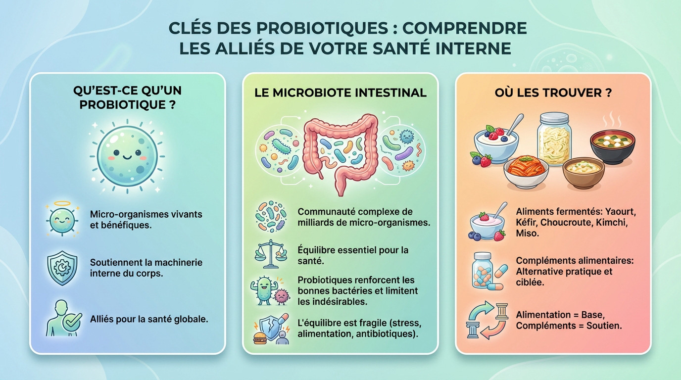 Illustration des probiotiques agissant comme alliés pour la santé interne et l'équilibre du microbiote