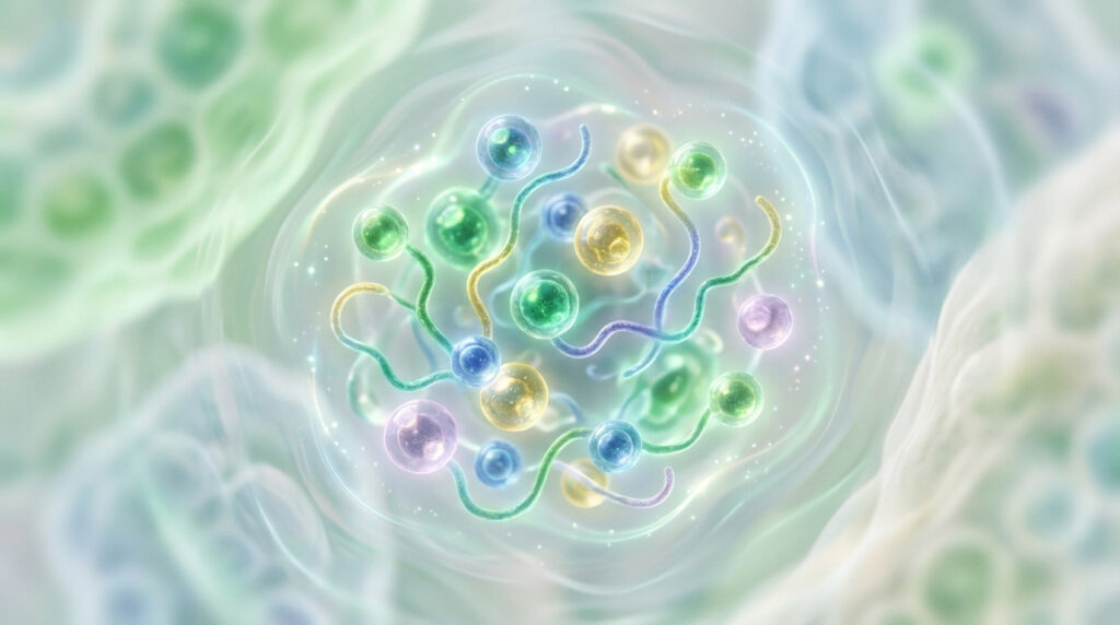 Vibrant, glowing, colorful microorganisms (spheres, shapes) in a soft, ethereal green-blue organic background, symbolizing inner health.