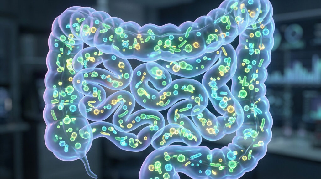 A glowing, translucent human digestive system filled with vibrant green, yellow, and blue microorganisms, symbolizing a healthy gut microbiota.