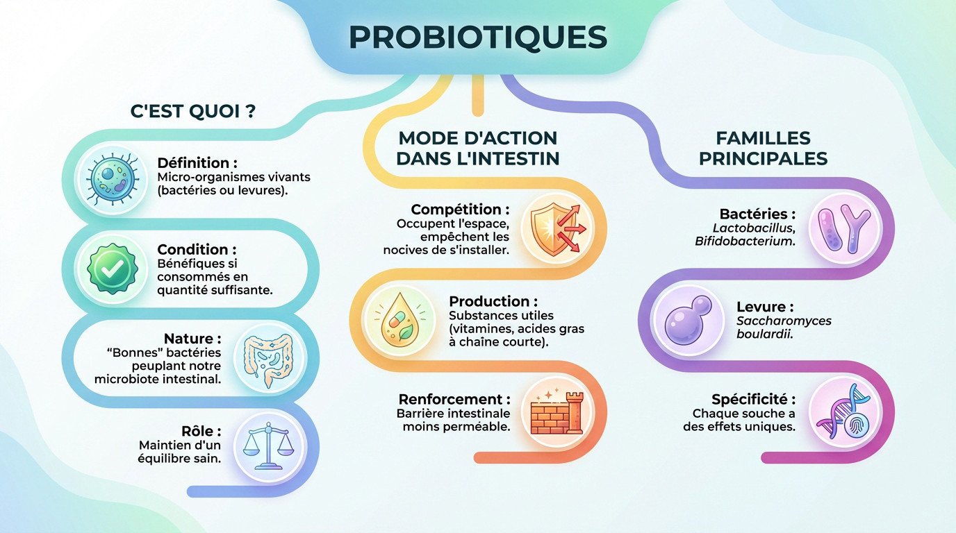 Infographie expliquant les mécanismes et bienfaits des probiotiques sur la flore intestinale