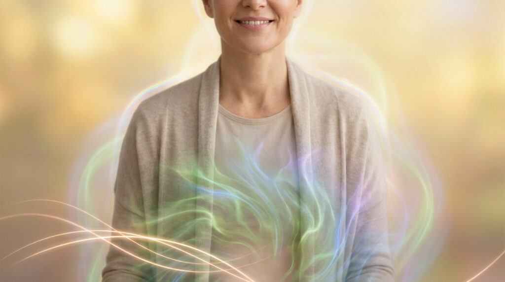Serene person, chest-up, with glowing green, blue, purple light from the abdomen, representing gut health. Golden light and flowing lines signify well-being and digestion.