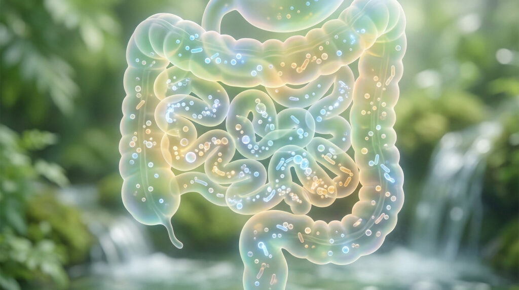 Stylized translucent human gut glowing with warm colors, filled with vibrant microorganisms, against a lush natural background.