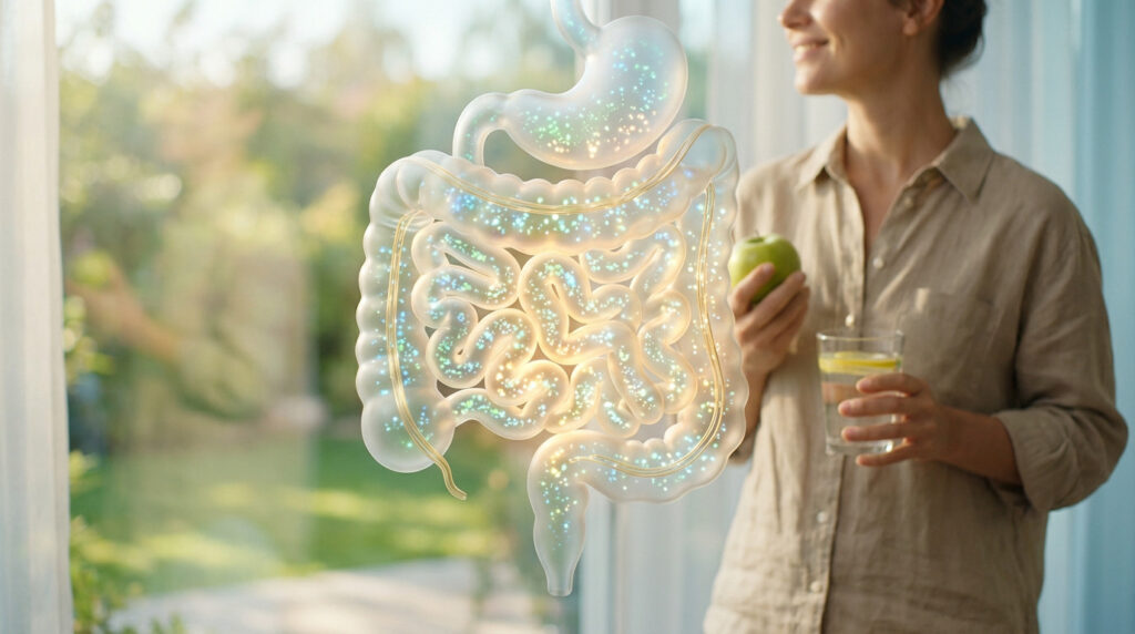 Stylized glowing gut with probiotics beside a serene woman holding an apple and lemon water, depicting inner health and vitality.