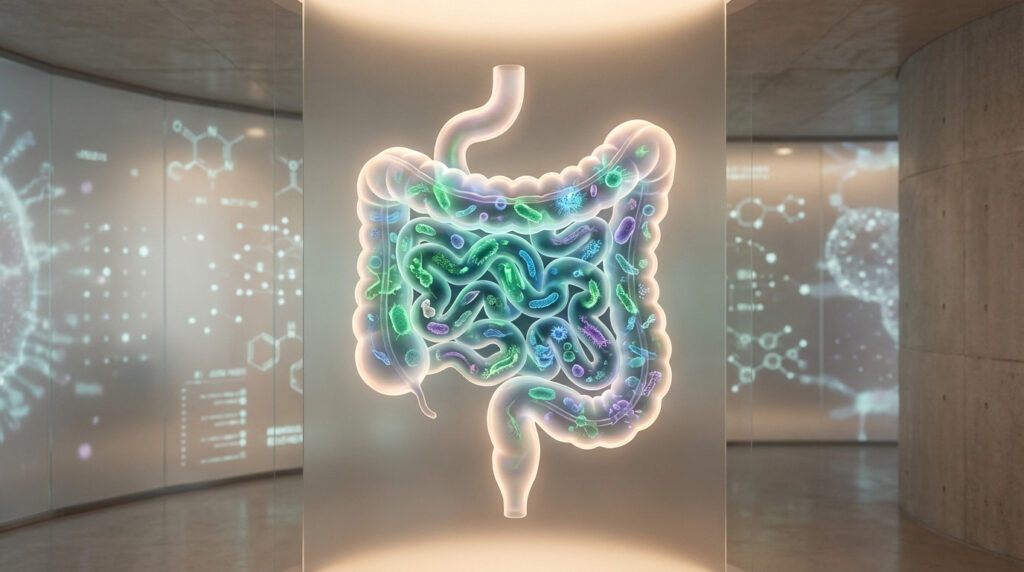 Stylized, glowing human gut filled with vibrant green, blue, and purple probiotics. Blurred scientific molecular background.