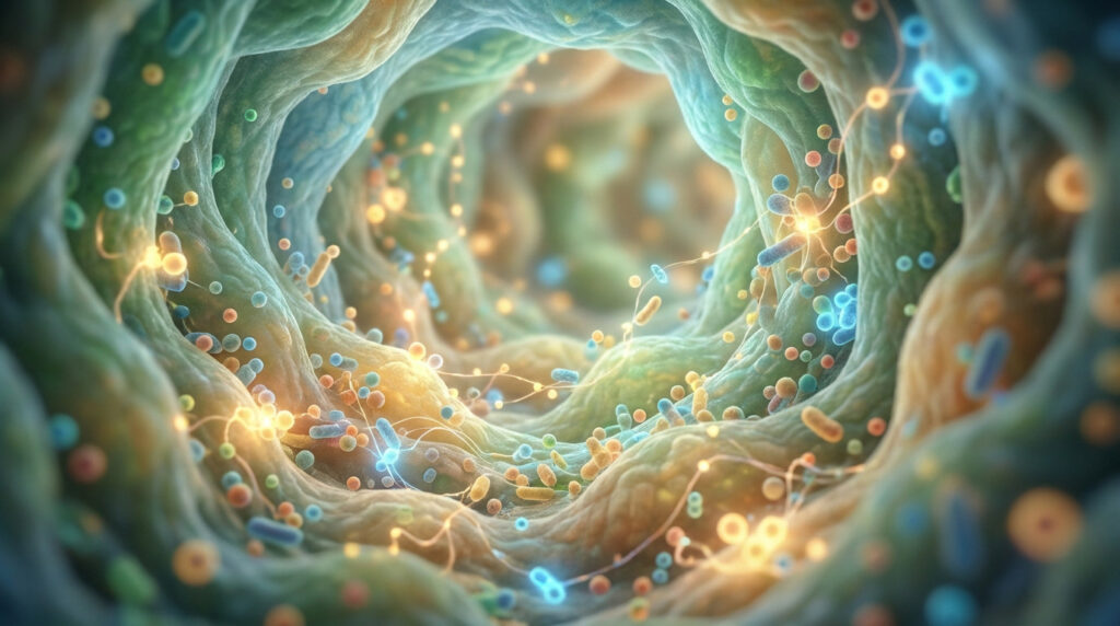 Abstract, vibrant intestinal tract filled with diverse, luminous microbes interacting harmoniously, representing gut health.