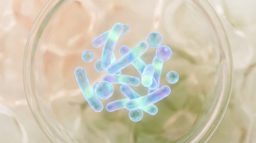 A cluster of glowing blue and green stylized beneficial microbes (rods and spheres) against a soft, organic, blurred background in warm tones.