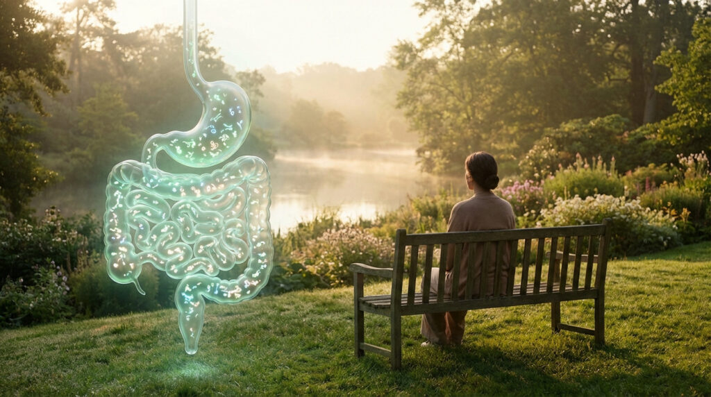 Glowing digestive tract with probiotics beside a person on a bench, overlooking a serene, sunlit lake and garden.