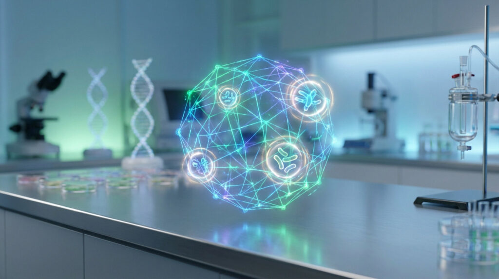 Holographic projection of a vibrant blue and green microbiome with probiotic strains in a modern, glowing laboratory.