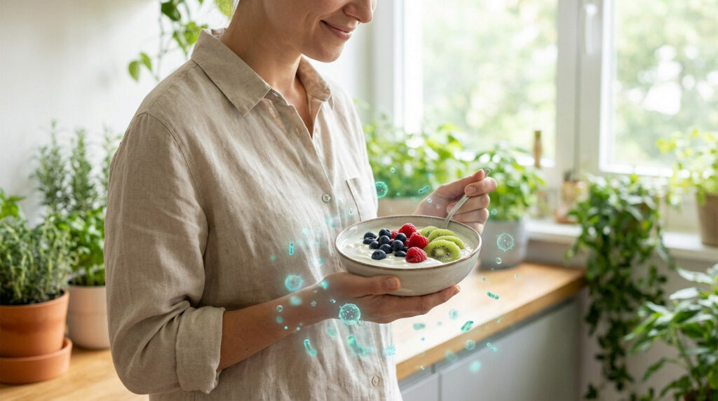 A person in a linen shirt holds a yogurt bowl with blueberries, raspberries, kiwi. Glowing probiotics float around. Bright kitchen with plants.