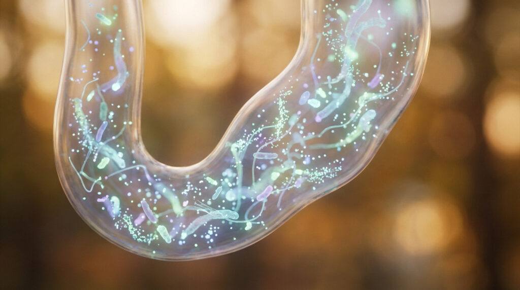 Photorealistic close-up: translucent intestine with glowing green, blue, purple beneficial microbes. Warm, blurred background, symbolizing gut health.