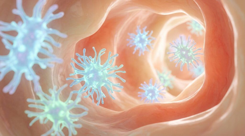 Abstract, high-resolution rendering of glowing, spiky probiotic bacteria in soft greens, blues, and purples, thriving within a healthy, organic digestive system environment. Bright, clean lighting.