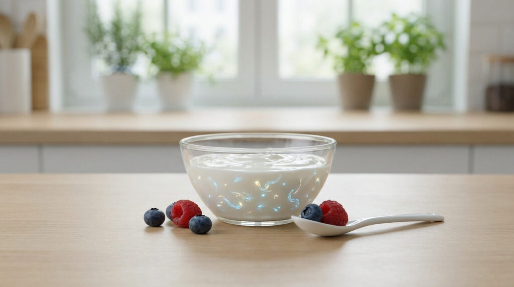 Glass bowl of white yogurt with glowing blue probiotic microbes on a wooden counter. Fresh blueberries and raspberries are nearby.