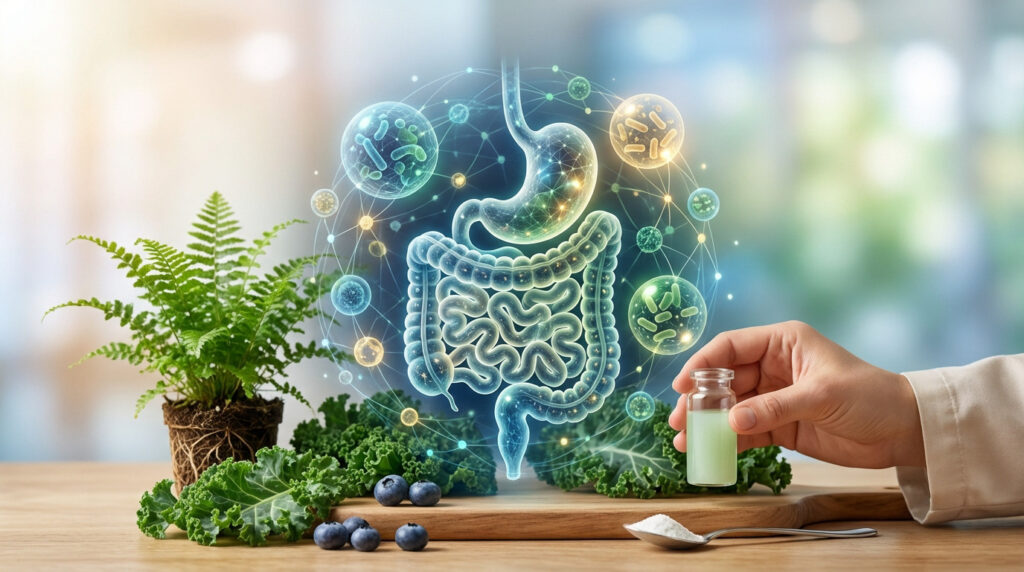Vibrant image of glowing digestive system with probiotics, surrounded by natural ingredients and a hand holding a supplement vial.