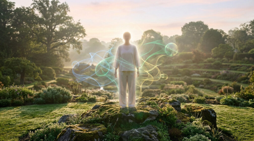 Figure in serene nature, surrounded by glowing blue, green, yellow lines symbolizing balanced gut flora and inner health. Soft light.