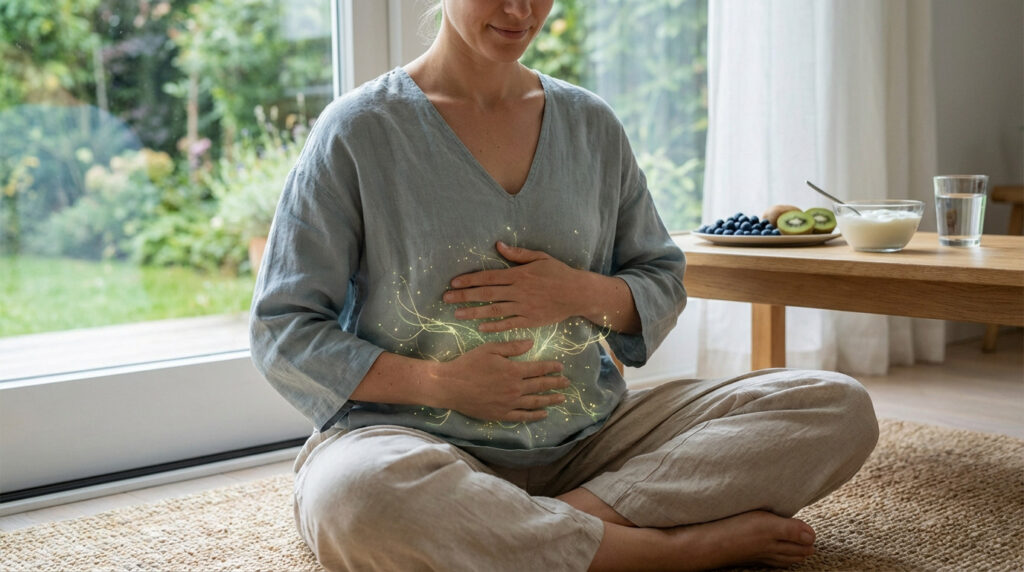 Gender-neutral individual with serene expression, hands on abdomen, glowing gut microbiome. Healthy food in soft-focus background.