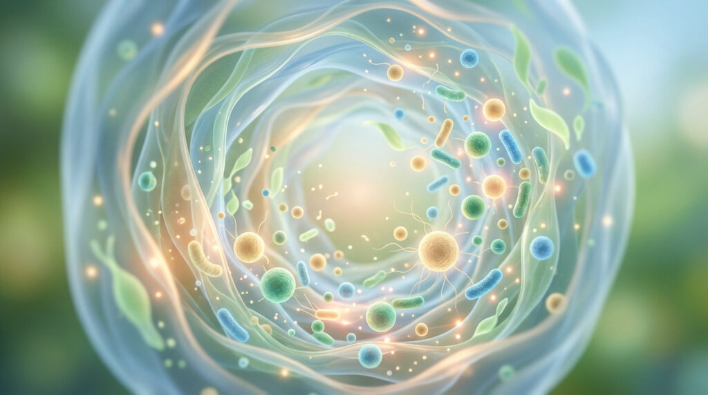 Photorealistic image of glowing green, blue, and amber probiotic bacteria (spheres, rods) in a translucent gut-like environment, symbolizing gut health and vitality.