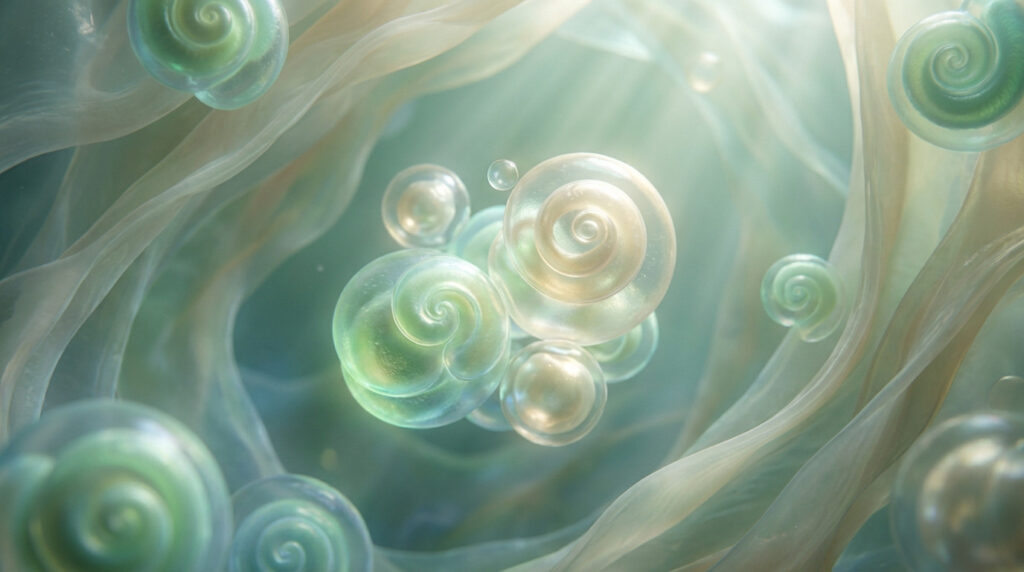 Cinematic image of glowing, spiraled probiotic microorganisms in an abstract, ethereal internal environment with soft green, blue, and white flowing lines and light rays.