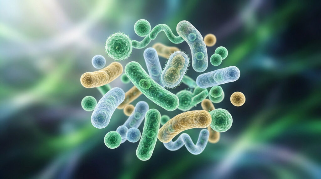 Photorealistic microscopic image of diverse, glowing beneficial probiotic bacteria (green, blue, yellow) against a soft, blurred green/blue background.