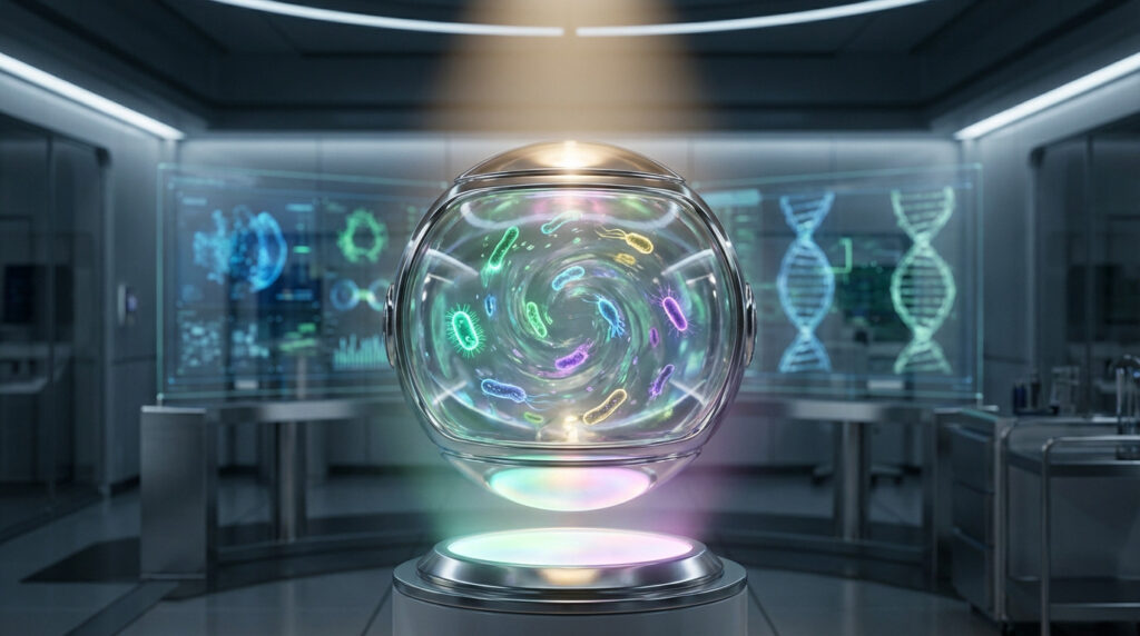 Photo-realistic image of a glowing spherical container with swirling, colorful probiotic bacteria in a high-tech lab. Holographic data.